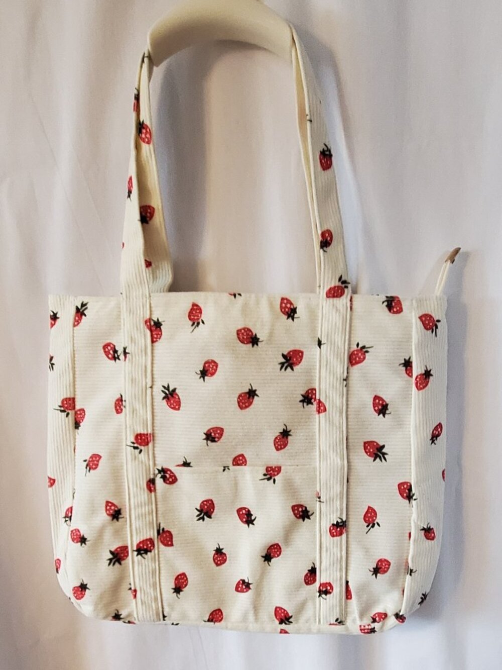 Strawberry Tote Corduroy zip top tote with outside pocket BRAND NEW!